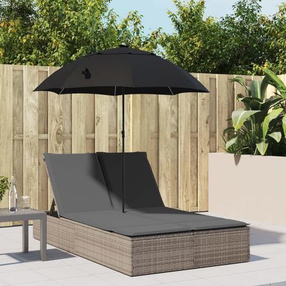 vidaXL Chaise longue double et coussins et parasol gris résine tressée transat lit de jour dextérieur lit de jour de 368083