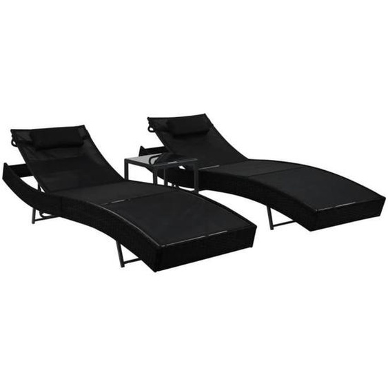 vidaXL Chaises longues 2 pcs et table Résine tressée et textilène Noir