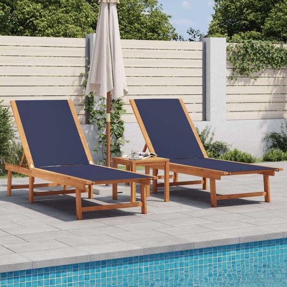 vidaXL Chaises longues lot de 2 table bleu bois dacacia et textilène lit de soleil lit de repos chaise longue 3279254