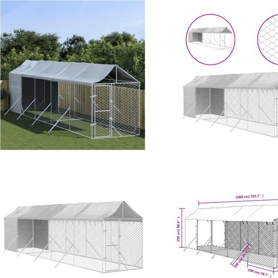 vidaXL Chenil extérieur avec toit argenté 2x10x2,5 m acier galvanisé - niche pour chien extérieur - chenil extérieur - cage pour chien