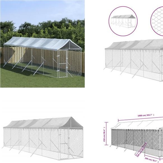 vidaXL Chenil extérieur avec toit argenté 2x10x2,5 m acier galvanisé - niche pour chien extérieur - chenil extérieur - cage pour chien