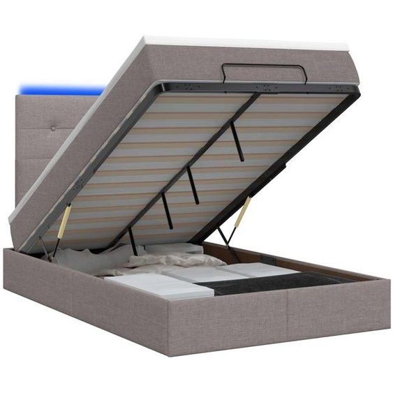 vidaXL Coffre de lit avec matelas et éclairage LED, couleur taupe, 120 x 200 cm, revêtement en tissu