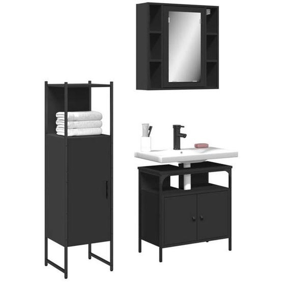 vidaXL Ensemble dArmoires de Salle de Bain 3 pcs, Placard avec Miroir, Meuble de Toilette avec Pieds Réglables, Industriel,
