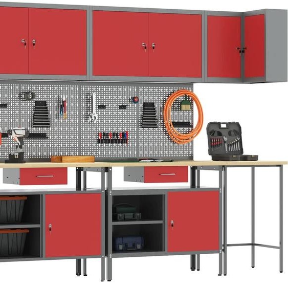 vidaXL Ensemble darmoires de travail avec tiroirs et étagère 10 pièces Rouge et gris