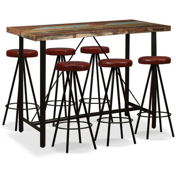 vidaXL Ensemble de Bar 7 pcs Bois Massif Recyclé et Cuir Véritable Tabourets 275145