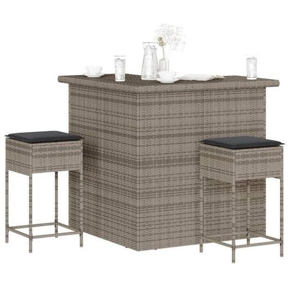 vidaXL Ensemble de bar de jardin 3 pcs et coussins gris résine tressée ensemble de bar ensemble de bar de patio ensemble 3261504