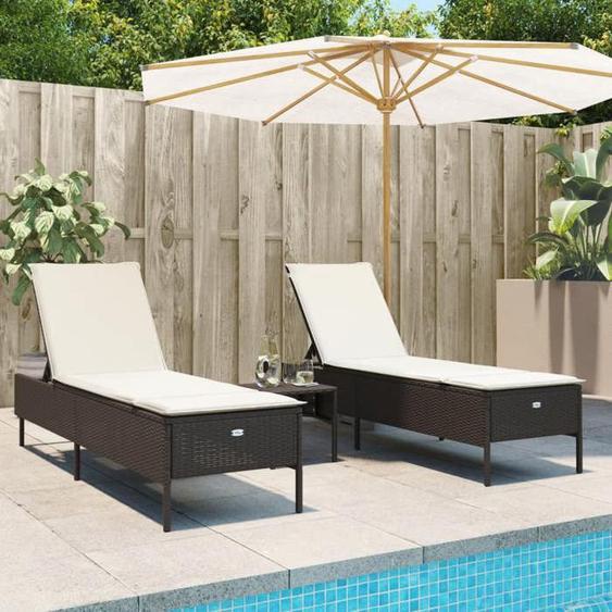 vidaXL Ensemble de chaises longues et coussins 3 pcs marron poly rotin transat lit de repos de jardin meuble dextérieur
