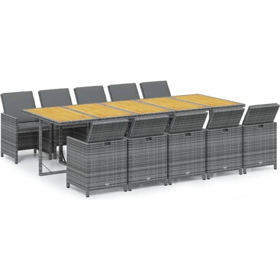 vidaXL Ensemble de jardin 11 pièces avec coussins Poly Rattan Gris