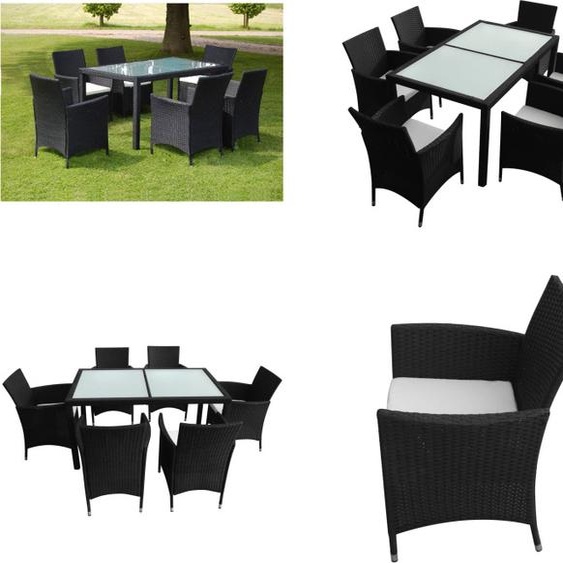 vidaXL Ensemble de jardin 7 pièces avec coussins Poly Rotin Noir - Ensemble de meubles de jardin - Ensemble de jardin - Ensemble de repas de jardin
