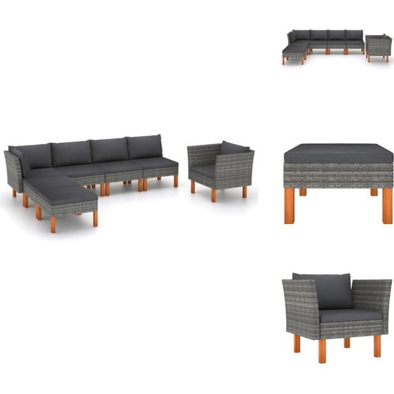 vidaXL Ensemble de salon de jardin 7 pièces Poly rotin et bois deucalyptus Gris - Ensemble de meubles de jardin