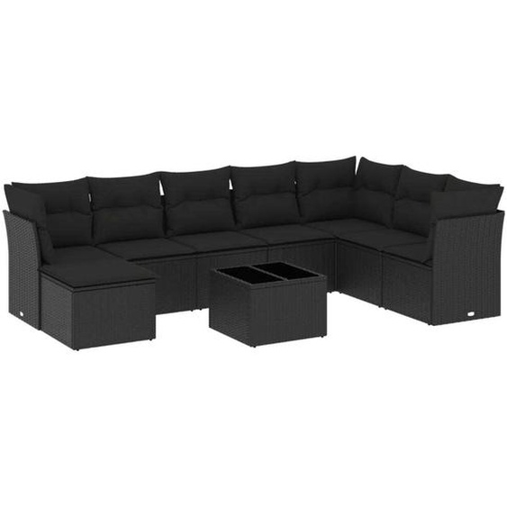 vidaXL Ensemble de salon de jardin 9 pièces avec coussins noir poly rotin