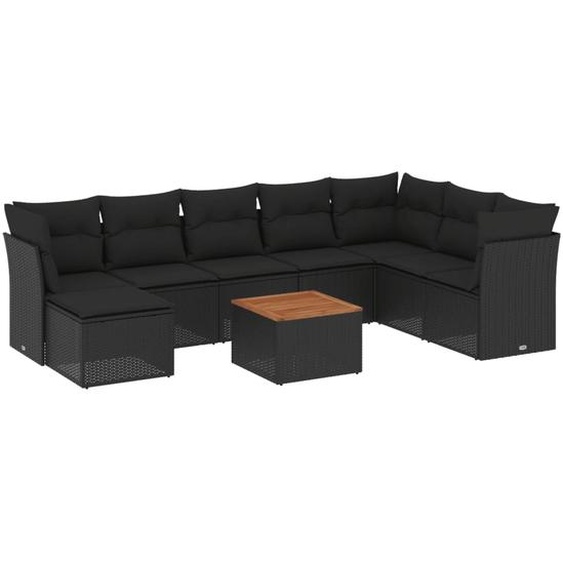 vidaXL Ensemble de salon de jardin 9 pièces avec coussins noir poly rotin