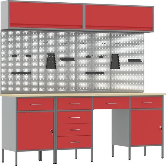 vidaXL Établi avec tiroirs 10 pièces Rouge Ingénieurs Bois et acier