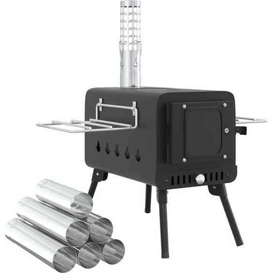vidaXL Four de tente en bois avec évacuation de fumée et pieds pliants noir acier