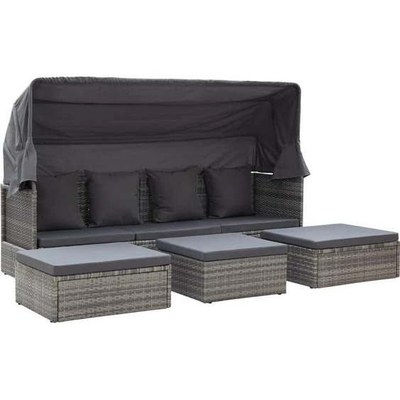 vidaXL Île solaire de jardin avec toit Poly rotin tons gris
