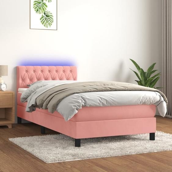 vidaXL Lit à sommier tapissier avec matelas et LED rose 90x200 cm velours - Lit à sommier tapissier - Lits à sommier tapissier - Lit - Mobilier de chambre à coucher