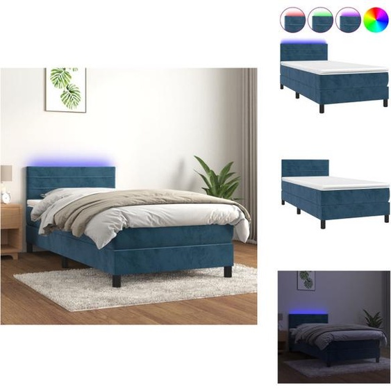 vidaXL Lit Boxspring avec matelas & LED Bleu Foncé 90x200 cm Velours - Lits et Sommiers