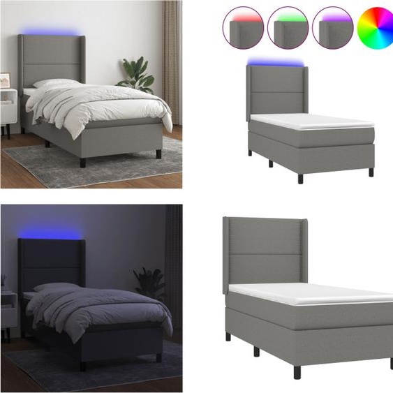 vidaXL Lit boxspring avec matelas & LED Gris foncé 100x200 cm Tissu - Lit boxspring - Lits boxspring - Lit - Meubles de chambre à coucher