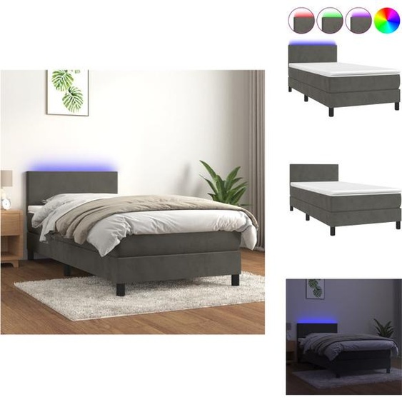 vidaXL Lit Boxspring avec Matelas & LED Gris Foncé 90x200 cm Velours - Lits et Sommiers