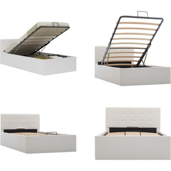 vidaXL Lit de rangement hydraulique Blanc Similicuir 100×200 cm - Cadre de lit - Cadre de lit - Lit