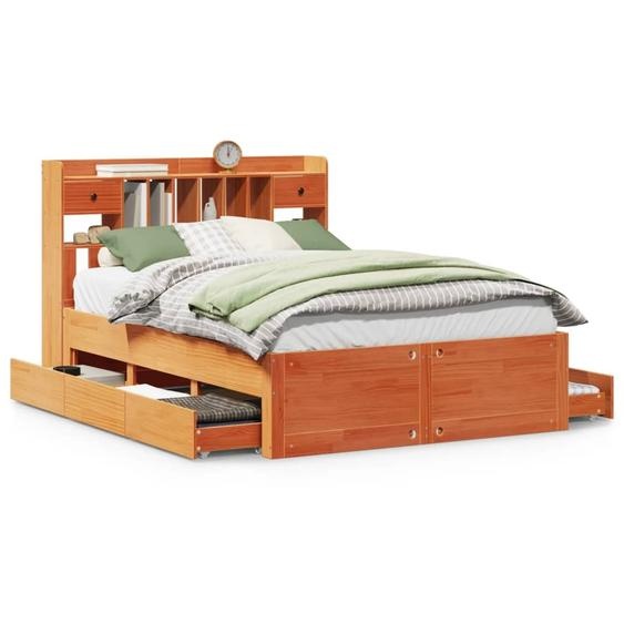vidaXL Lit en bois massif avec étagère sans matelas brun cireux 140x200 cm