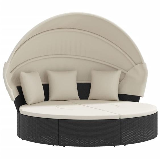 vidaXL Lit lounge dextérieur avec toit et coussins noir Poly rotin
