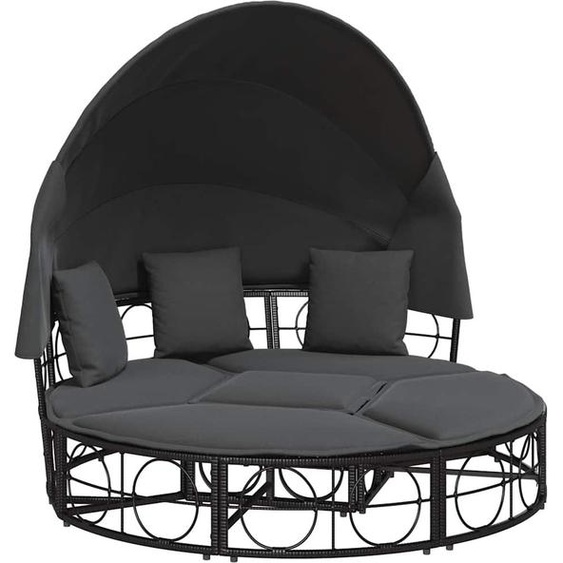 vidaXL Lit lounge dextérieur avec toit et coussins noir Poly rotin