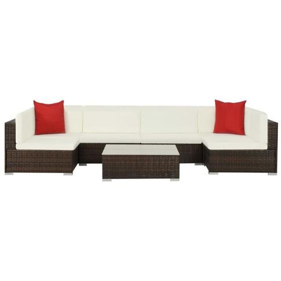 vidaXL Salon de jardin 7 pcs avec coussins Résine tressée Marron