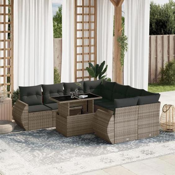 vidaXL Salon de jardin 9 pcs avec coussins gris résine tressée 3268430