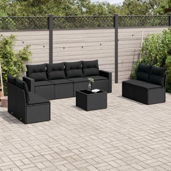 vidaXL Salon de jardin 9 pcs avec coussins noir résine tressée 3251192