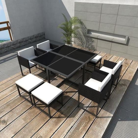 vidaXL Salon de jardin 9 pcs avec coussins Résine tressée Noir