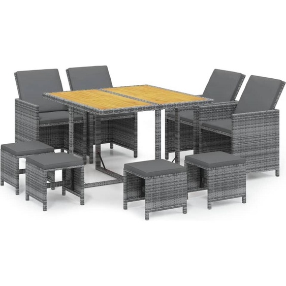 vidaXL Salon de jardin 9 pièces avec coussins Poly Rattan Gris