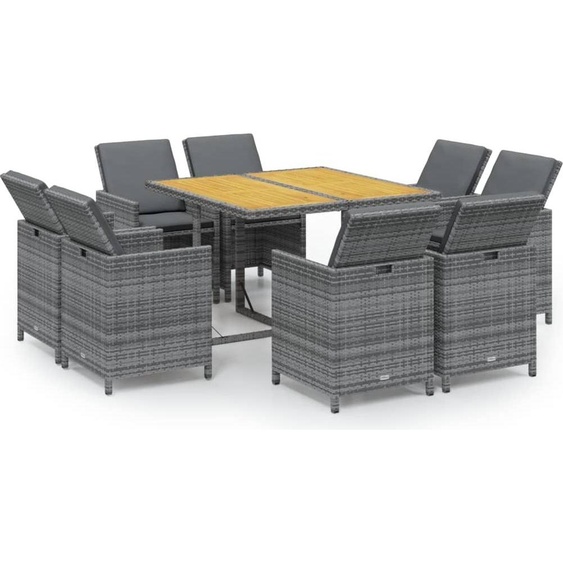 vidaXL Salon de jardin 9 pièces avec coussins Poly Rattan Gris