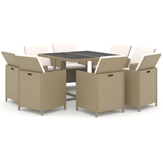 vidaXL Salon de jardin 9 pièces avec coussins Poly rotin Beige