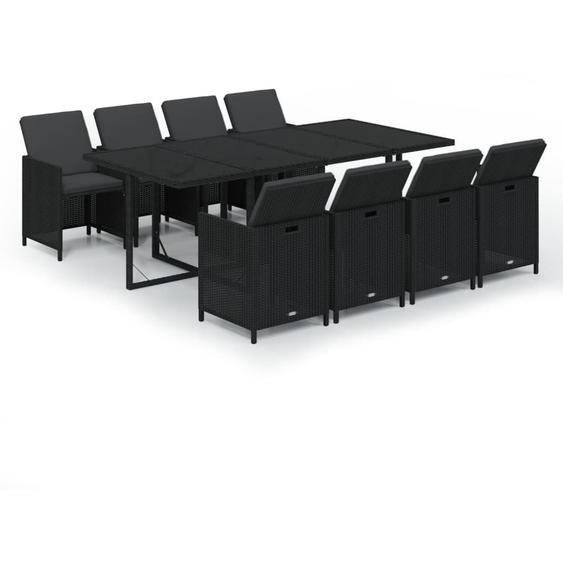 vidaXL Salon de jardin 9 pièces avec coussins Poly rotin noir