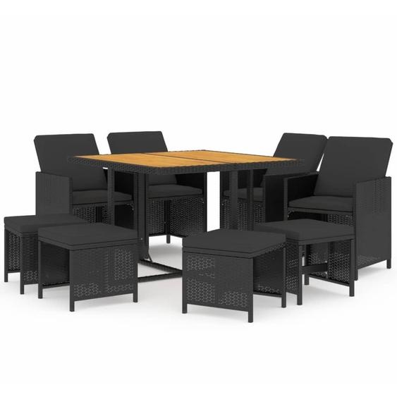 vidaXL Salon de jardin 9 pièces avec coussins Poly rotin noir