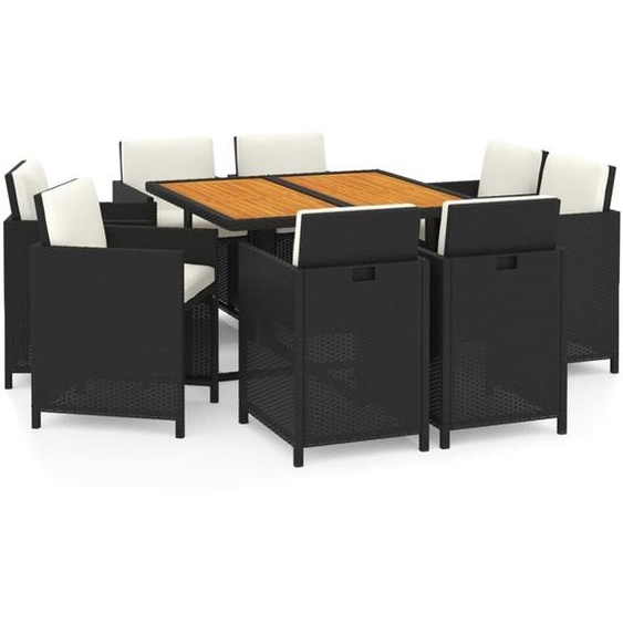 vidaXL Salon de jardin 9 pièces avec coussins Poly rotin noir