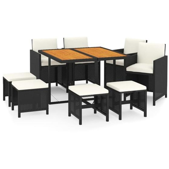 vidaXL Salon de jardin 9 pièces avec coussins Poly rotin noir