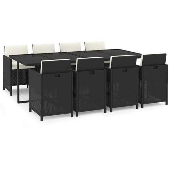 vidaXL Salon de jardin 9 pièces avec coussins Poly rotin noir