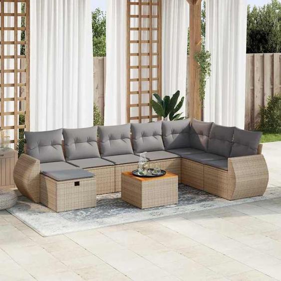 vidaXL Salon de jardin avec coussins 9 pcs beige résine tressée ensemble de canapés dextérieur ensemble de canapé dangle