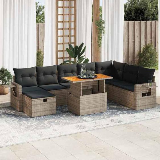 vidaXL Salon de jardin avec coussins 9 pcs gris résine tressée acacia ensemble de canapés dextérieur salon de jardin 3328047