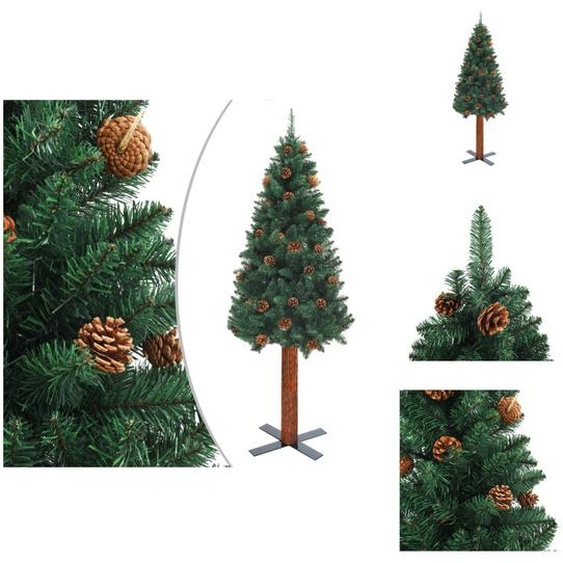 vidaXL Sapin de Noël élancé avec bois véritable et cônes Vert 210 cm PVC - Sapins de Noël