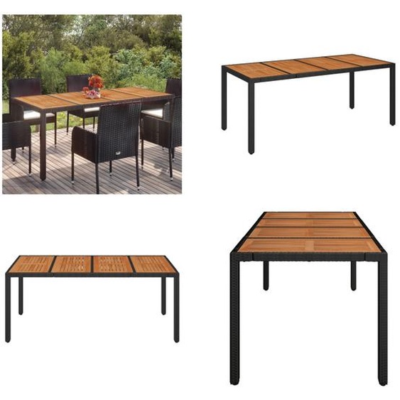 vidaXL Table de jardin avec plateau en bois Noir 190x90x75 cm Poly Rotin - Table de jardin avec plateau en bois - Meubles de jardin avec plateau en bois - Table à manger