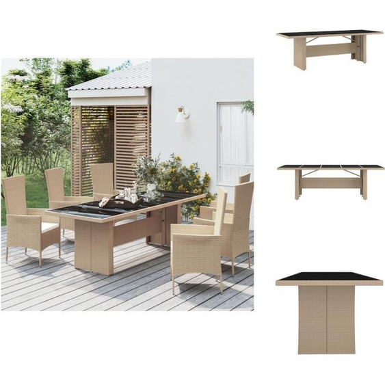 vidaXL Table de jardin avec plateau en verre Beige Poly Rotin & verre trempé - Tables de jardin