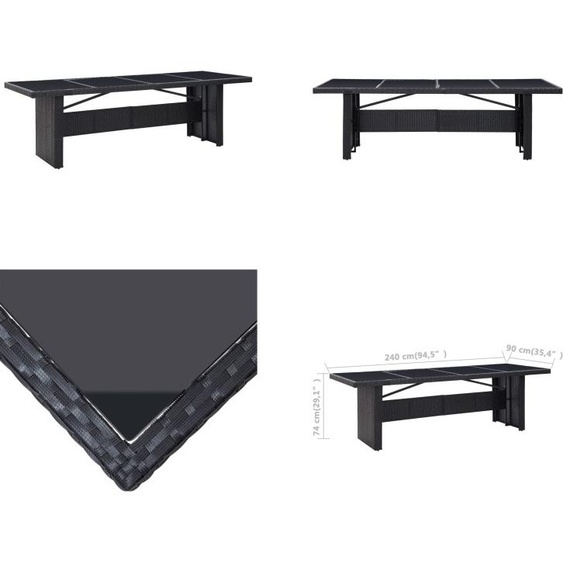 vidaXL Table de jardin noire 240x90x74 cm Poly rotin et verre - Table de jardin - Tables de jardin - Table de salle à manger