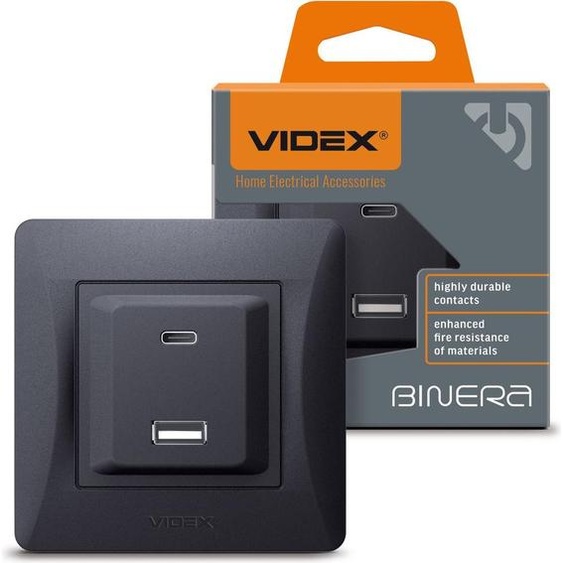 Videx Binera 16A PD 20W Prise encastrée USB-A + USB-C, noir et graphite
