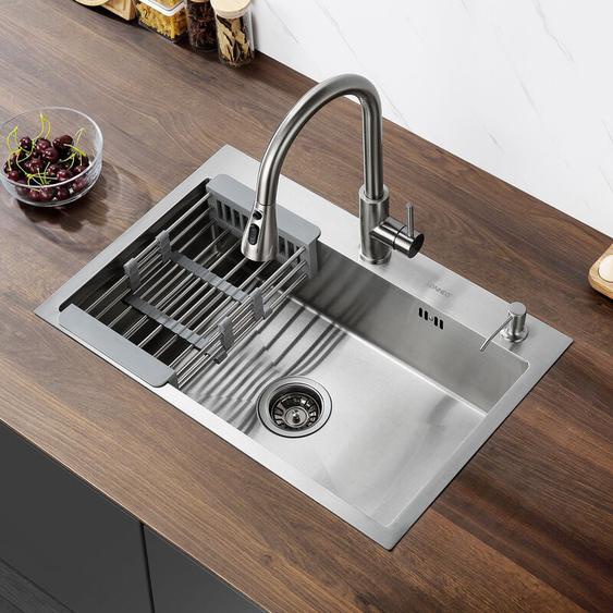 Lonheo Max - Lonheo Évier 1 Bac 68x45x19CM Évier à Encastrer en Acier Inox 304 Évier Cuisine Brossé avec Distributeur de savon, Égouttoir panier et