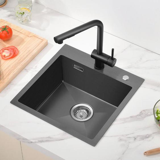 Auralum - vier Cuisine 45x45x19 cm Évier 1 Bac Anthracite en Acier Inox Évier à Encastrer avec Système de Drainage, Pour meuble de 50cm