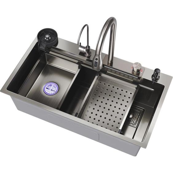 Sirhona - vier de Cuisine 1 Bac Acier Évier en acier inoxydable,Sortie deau de type cascade, robinet multifonctionnel 80x45x23 cm