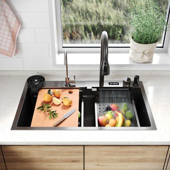 Sirhona - vier de Cuisine 1 Bac Acier inoxydable 304 avec bec cascade et robinet escamotable 75x45x23 cm avec affichage de la température